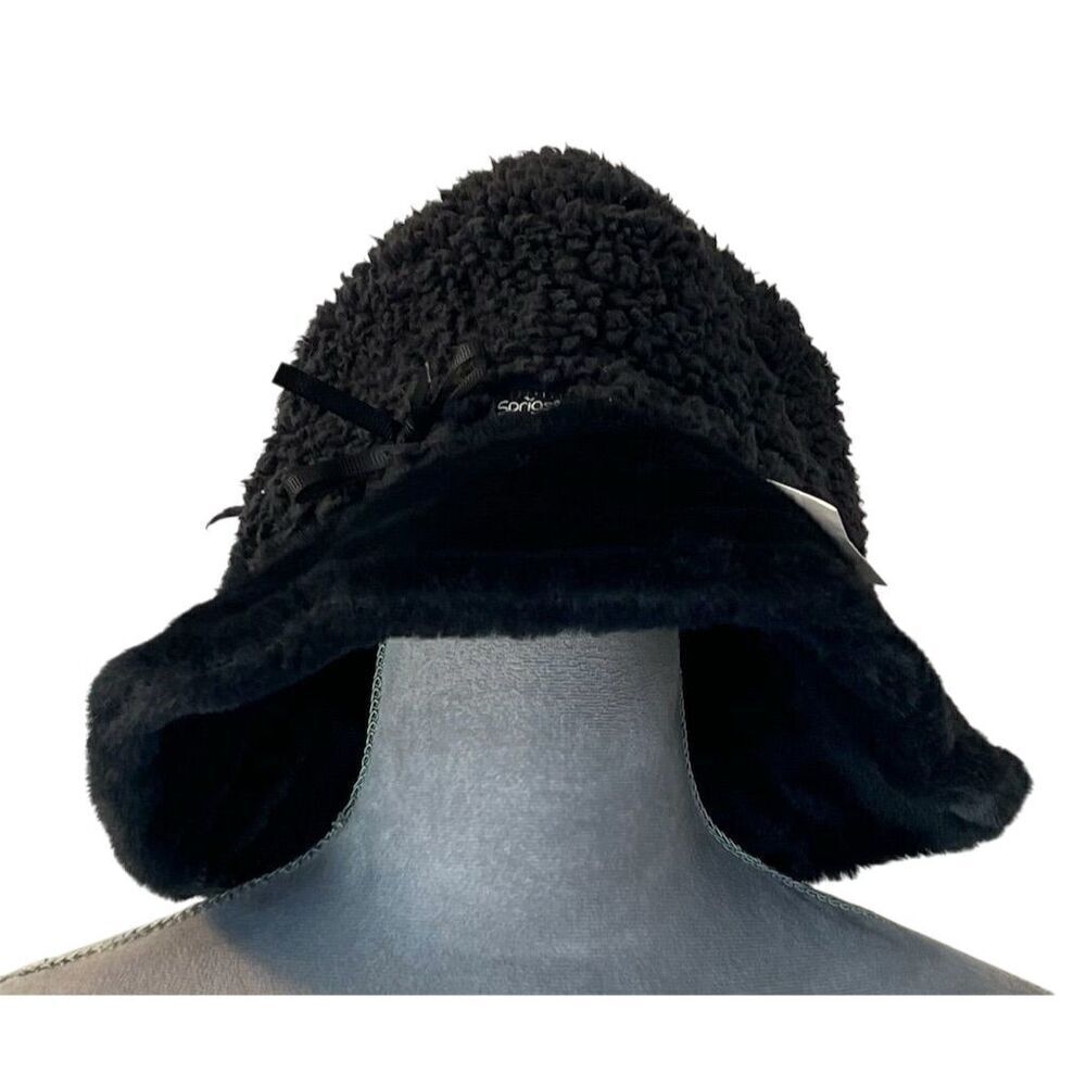 Sprigs Black Reversible Faux Fur & Sherpa Bucket Hat OS Warm Cozy Cottagecore
